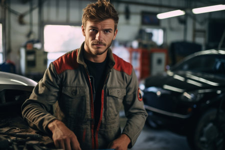 Confident mechanic Confident young man holding rag and looking at motorcycle while sitting near it in repair shop : Generative AIの素材