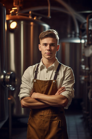 Confident brewer Confident young male brewer in apron keeping arms crossed and looking at camera while standing in front of metal containers : Generative AIの素材