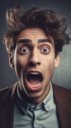 Amazing news Shocked young man keeping mouth open and looking at camera while standing against grey background : Generative AIの素材