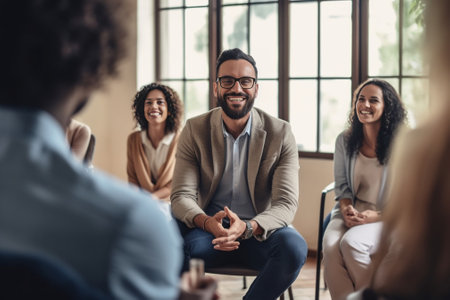 Confident psychologist Group of young cheerful people sitting in circle and discussing something while young man holding digital tablet and looking over shoulder with smi : Generative AIの素材