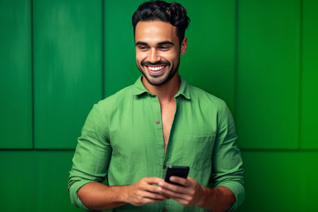 Always in touch Handsome young man holding mobile phone and smiling while standing against the wooden wall : Generative AIの素材