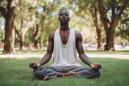Confident young African man in sportswear meditating while sitting on exercise mat outdoors : Generative AIの素材