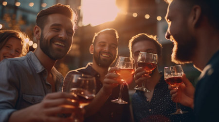 Among best friends Handsome young man toasting and smiling while two men shaking hands : Generative AIの素材