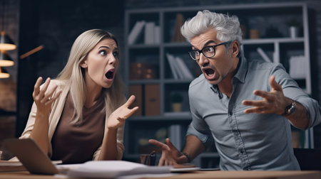 Battle of the sexes Side view image of angry man and woman sitting face to face at the office table and shouting at each other : Generative AIの素材