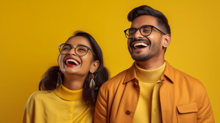 Beautiful young couple in eyeglasses embracing while standing against yellow background : Generative AIの素材