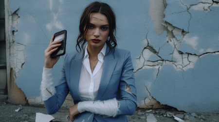 Bad news Frustrated young woman in formalwear talking on the mobile phone and touching face with hand while standing outdoors : Generative AIの素材