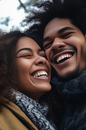 Beautiful and happy couple Low angle view of beautiful young couple bonding to each other and smiling while standing outdoors : Generative AIの素材