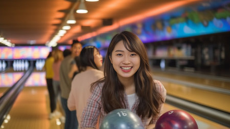 Beautiful and confident player Beautiful young women holding a bowling ball while three people communicating against bowling alleys : Generative AIの素材