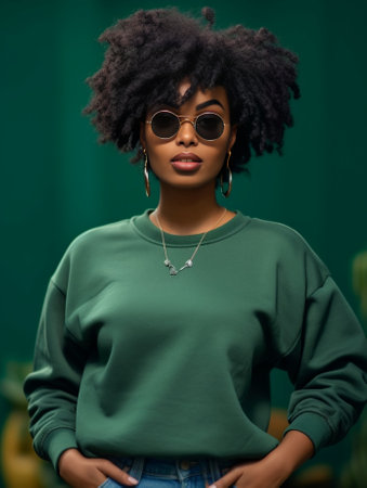 Beautiful short hair woman in trendy glasses adjusting her fluffy jacket against green background : Generative AIの素材