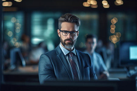 Always ready to help Handsome young man with beard wearing eyeglasses and looking at camera while his colleagues working in the background : Generative AIの素材