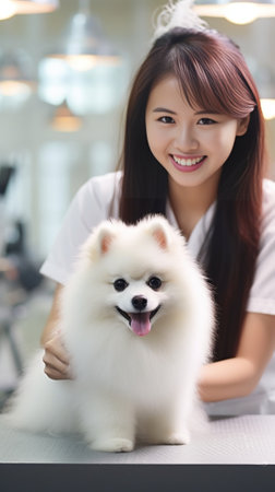 Beautiful young woman taking care of little dog at the grooming salon : Generative AIの素材