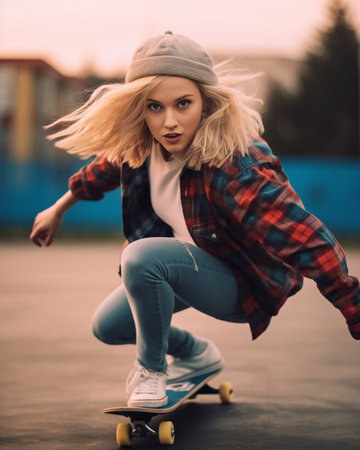 Born to skate Closeup of young woman skateboarding while spending time outdoors : Generative AIの素材