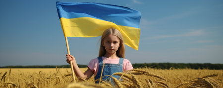 Beautiful young Ukrainian woman holding national flag with blue sky in the background : Generative AIの素材