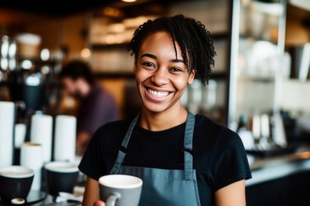 Best coffee to go Part of young cheerful African woman in apron holding coffee cups while standing at cafe : Generative AIの素材