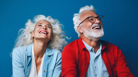 Beautiful senior couple looking at camera and smiling while standing together against blue background : Generative AIの素材