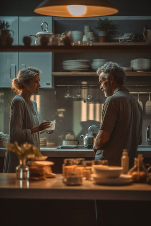 Beautiful mature couple in bathrobes enjoying breakfast while spending time together : Generative AIの素材