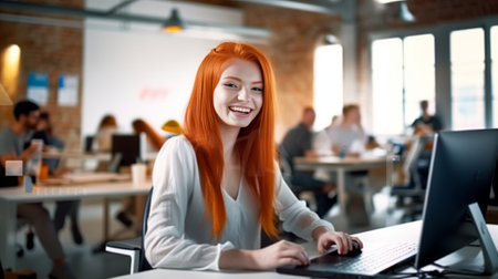 Beautiful young woman using laptop while leaning at the desk in creative office : Generative AIの素材