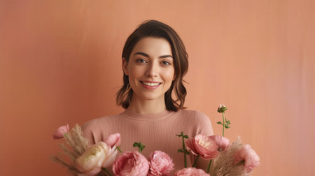Beautiful young woman holding bunch of tulips and smiling against pink background : Generative AIの素材