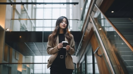 Always confident in her style Attractive young woman drinking coffee while walking up the steps outdoors : Generative AIの素材