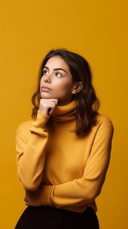 Beautiful young woman holding hand on chin while standing against yellow background : Generative AIの素材