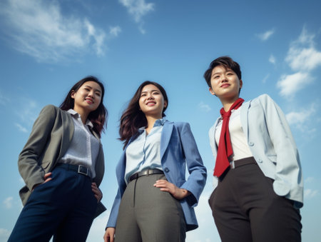 Business team Low angle view of four confident business people standing close to each other and smiling : Generative AIの素材