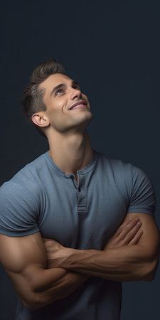 Carefree handsome Happy young man holding hand in hair and looking away while standing against grey background : Generative AIの素材