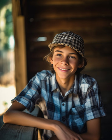 Calm and confident Handsome young man wearing hat and looking at camera while sitting against the wooden wall : Generative AIの素材