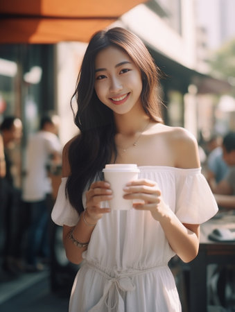 Coffee break with friends Beautiful young woman holding coffee cup and smiling while standing near her friends : Generative AIの素材