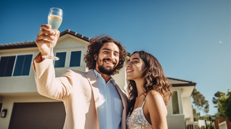 Beautiful young couple embracing and toasting with champagne while standing on the balcony together : Generative AIの素材