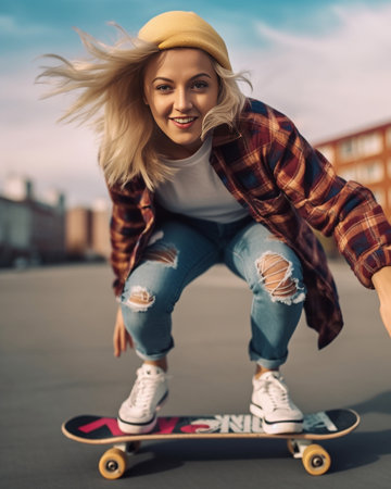 Best hobby ever Full length of attractive young woman smiling while skateboarding outdoors : Generative AIの素材