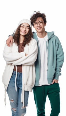 Carefree youth Funky young couple making faces while standing against white background : Generative AIの素材