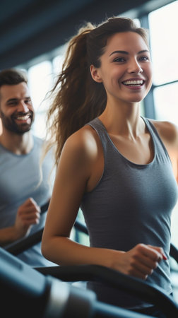 Cardio training Side view of beautiful young woman running on a treadmill and smiling with man in the background : Generative AIの素材