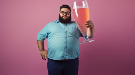 Cheerful redhead man carrying cocktail shaped balloon and gesturing against blue background : Generative AIの素材