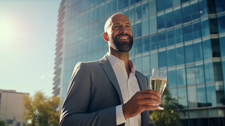 Confident mature businessman drinking coffee while standing near office building : Generative AIの素材