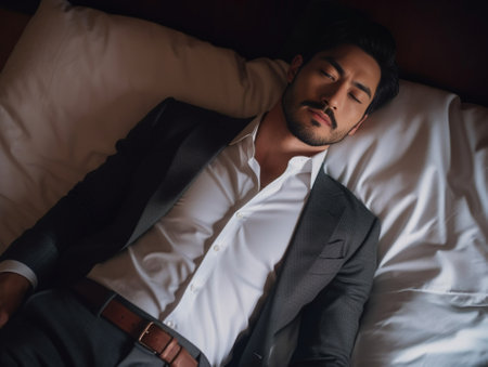 Confident and successful Top view of handsome young man in full suit adjusting his sleeve and looking at camera while sitting on the floor at home : Generative AIの素材