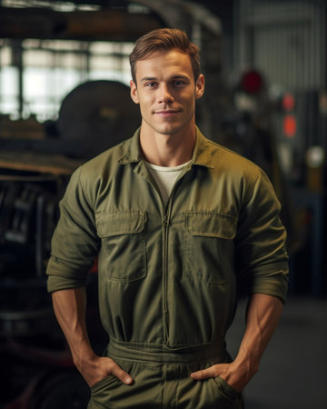 Confident professional Confident young man in uniform holding clipboard and looking at camera while standing in workshop : Generative AIの素材