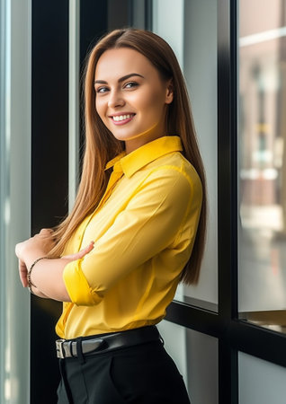 Confident businesswoman looking away and smiling while standing in the office : Generative AIの素材