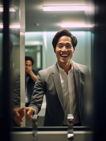 Confident in himself Handsome young man wearing jacket and smiling while standing against mirror : Generative AIの素材