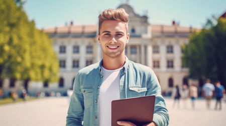 Confident student Smiling young man holding laptop and looking at camera while his friends standing in the background : Generative AIの素材