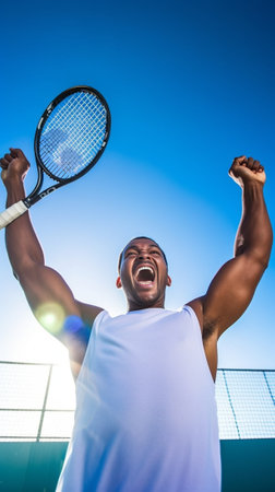Celebrating success Side view of happy young man in polo shirt holding tennis racket and gesturing while standing on tennis court : Generative AIの素材