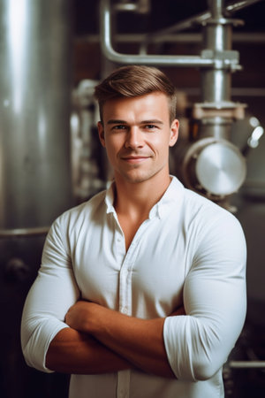 Confident brewer Confident young male brewer in apron keeping arms crossed and looking at camera while standing in front of metal containers : Generative AIの素材