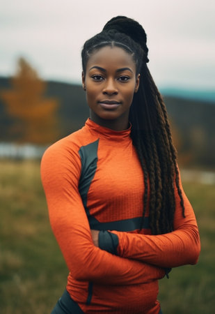 Confident young African woman in sports clothing carrying jumping rope on shoulders : Generative AIの素材