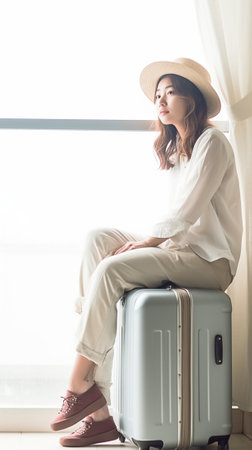 All packed Beautiful young woman sitting on the closed suitcase while preparing to the trip at home : Generative AIの素材