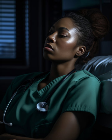 Confident and concentrated Portrait of thoughtful young African doctor in blue uniform holding hand on chin and looking away : Generative AIの素材