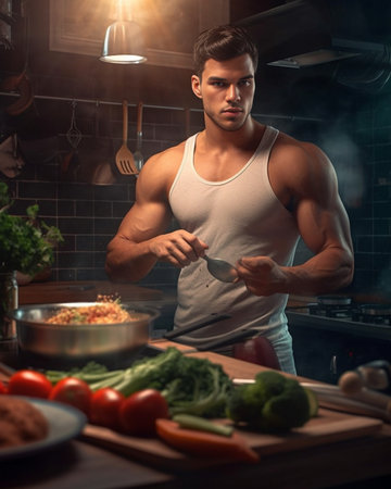 Confident fit man preparing healthy food while standing at the kitchen : Generative AIの素材