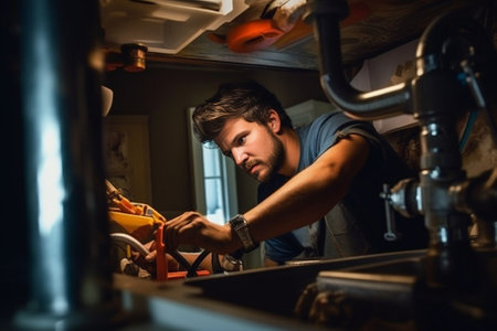 Closeup of handyman preparing tools to repair kitchen sink : Generative AIの素材