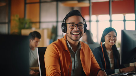Always ready to help Handsome young man in headset looking at camera and smiling while people working on background : Generative AIの素材