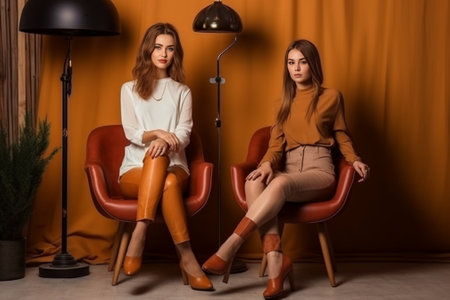 Confident with their choice Part of young women with perfect legs keeping their legs crossed at knee while sitting on sofa at the shoe store : Generative AIの素材