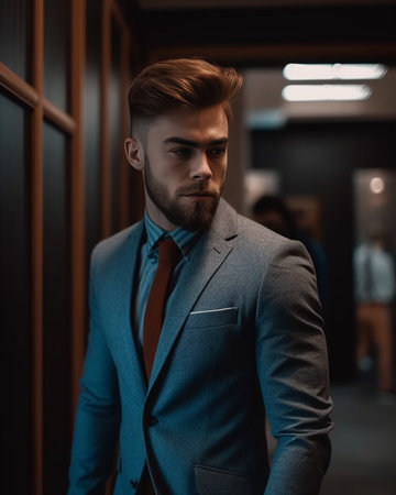 Charming man Handsome young man in suit looking away and adjusting his jacket while standing indoors : Generative AIの素材