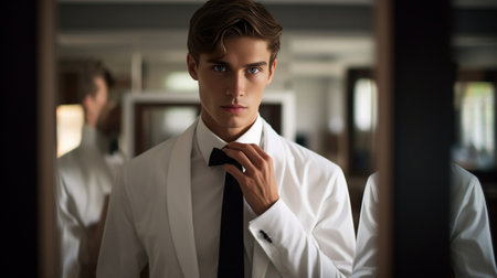 Adjusting his bow tie Closeup of young man in white shirt adjusting his bow tie while standing against mirror : Generative AIの素材